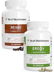 Real Mushrooms Ergothioneine (60ct) og Reishi 415 (90ct) Bundle med Shiitake og Oyster Mushroom Ekstrakter - Longevity and Relaxation -Vegan, Gluten Free, Non- GMO - Naturlig støtte til sund aldring