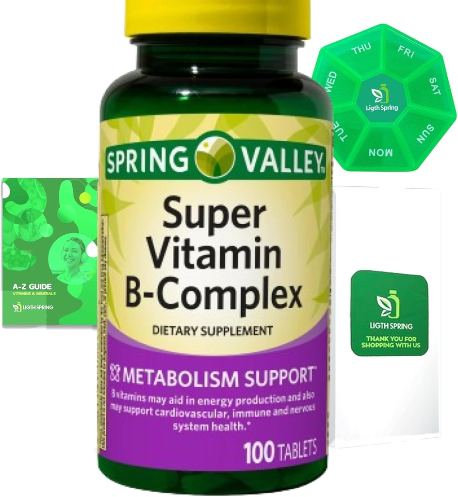 Super vitamin B- Complex 100 tabletter Kosttilskud Bundle Eksklusiv bedre Ligth & Spring Guide + Ugentlig Pill Organize (3 elementer)