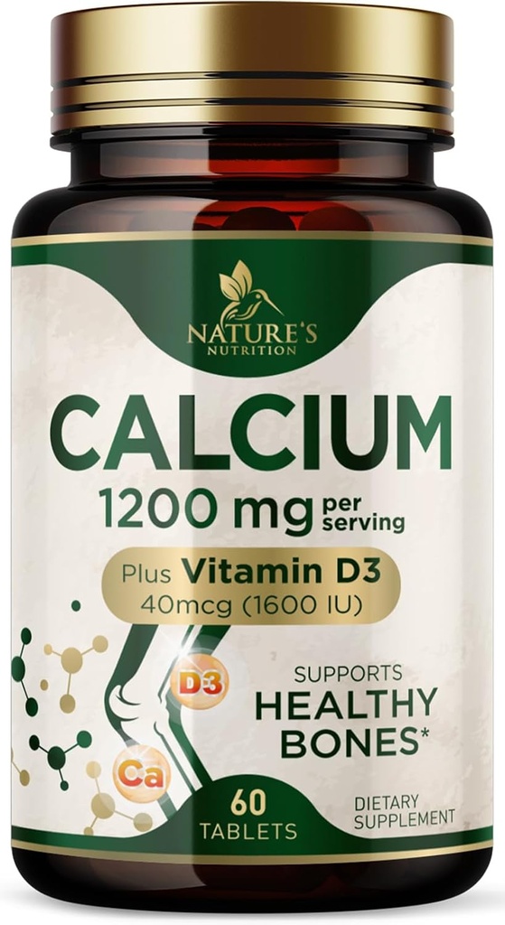 Calcium 1200 mg with Vitamin D3 - Bone Health Supplement, Vitamin D & Calcium Supplements for Women & Men - Bone Strength, Teeth & Immune Support, Nature's Calcium Pills, Bottled in USA - 60 Tablets
