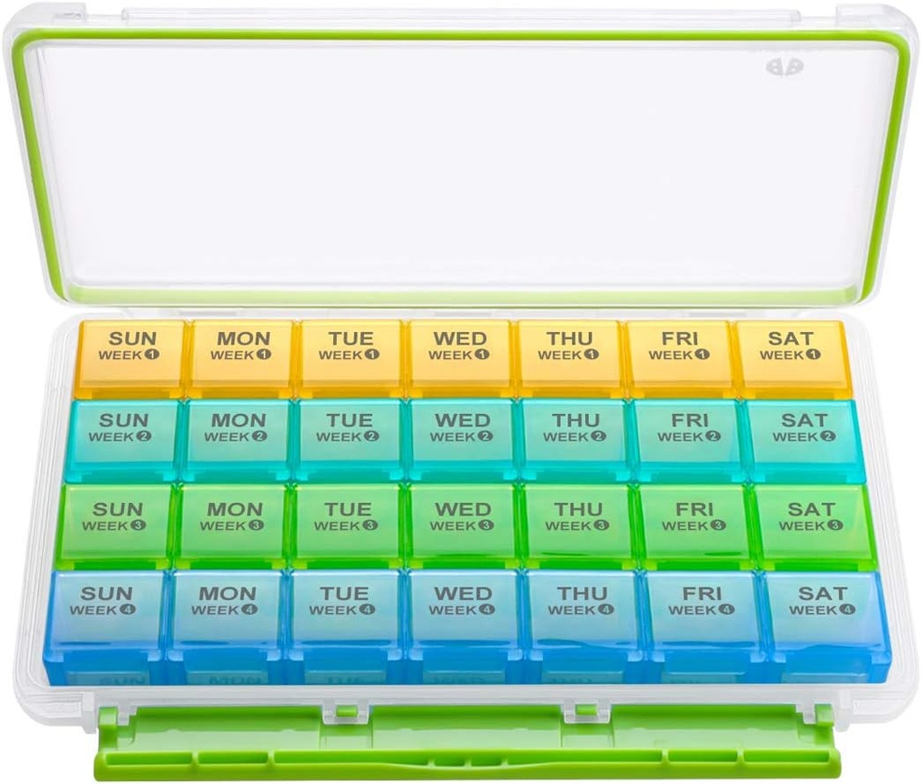 BUG HULL Månedlig Pill Organizer, Fugtighed- Bevis Stor 28 dages Pill Box med flytbar 4 uger Pill Case Rows, Medicin Pill Organizer, Travel Pills Organizer med en måned Pill Container til Vitamin
