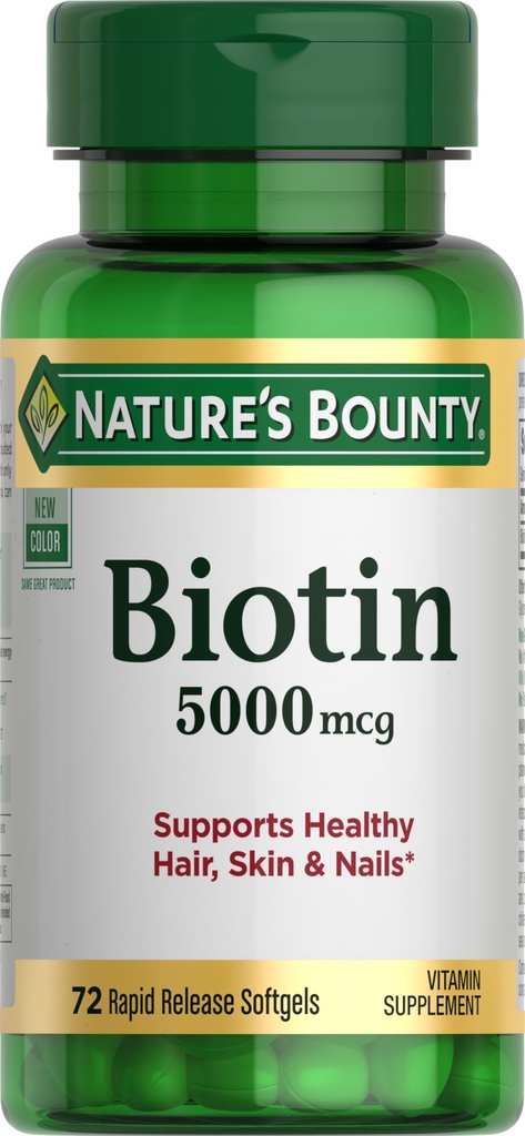 Naturens Bounty Biotin, understøtter Metabolisme for cellulær energi og sundt hår, hud og negle, 5000 mcg, 72 Softgels
