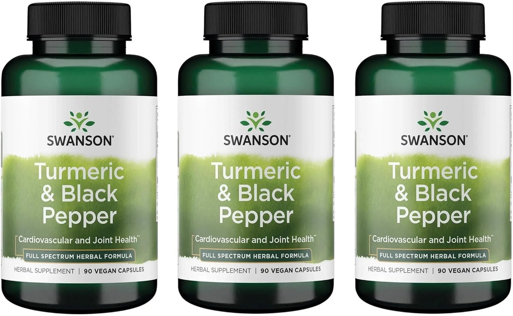 Swanson Premium- Gurkemeje & Sort Pepper - Antioxidant, fordøjelse & fælles støtte - 90 Veg Caps (3 Pack)