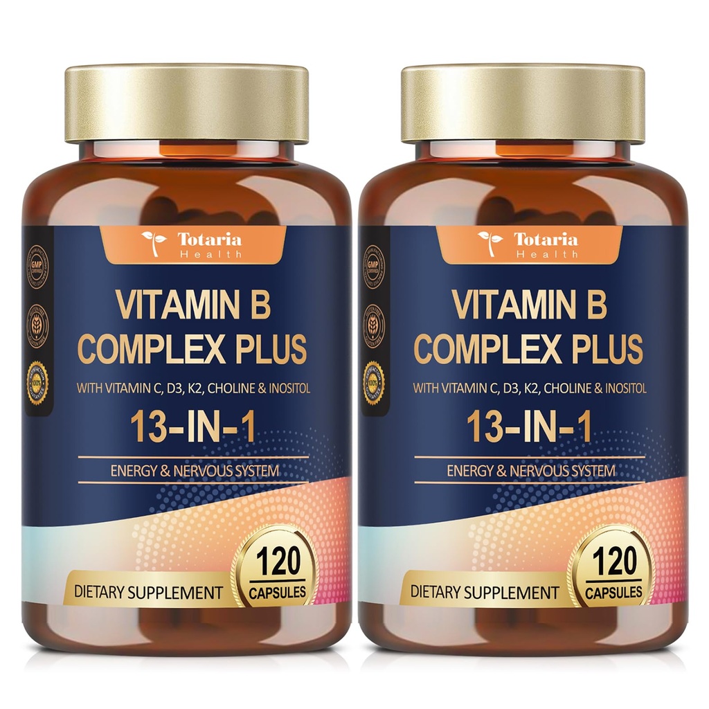 13-in-1 vitamin B Complex Plus med vitamin B1, B2, B3 (Niacin), B4, B5, B6, B7 (Biotin), B8 (Inositol), B9 (Folate), B12, C, D3, K2 for energi, nerve, immunforsvar, hud - 120 Caps per flaske - 2 flasker