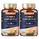 13-in-1 vitamin B Complex Plus med vitamin B1, B2, B3 (Niacin), B4, B5, B6, B7 (Biotin), B8 (Inositol), B9 (Folate), B12, C, D3, K2 for energi, nerve, immunforsvar, hud - 120 Caps per flaske - 2 flasker
