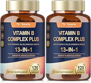 13-in-1 vitamin B Complex Plus med vitamin B1, B2, B3 (Niacin), B4, B5, B6, B7 (Biotin), B8 (Inositol), B9 (Folate), B12, C, D3, K2 for energi, nerve, immunforsvar, hud - 120 Caps per flaske - 2 flasker