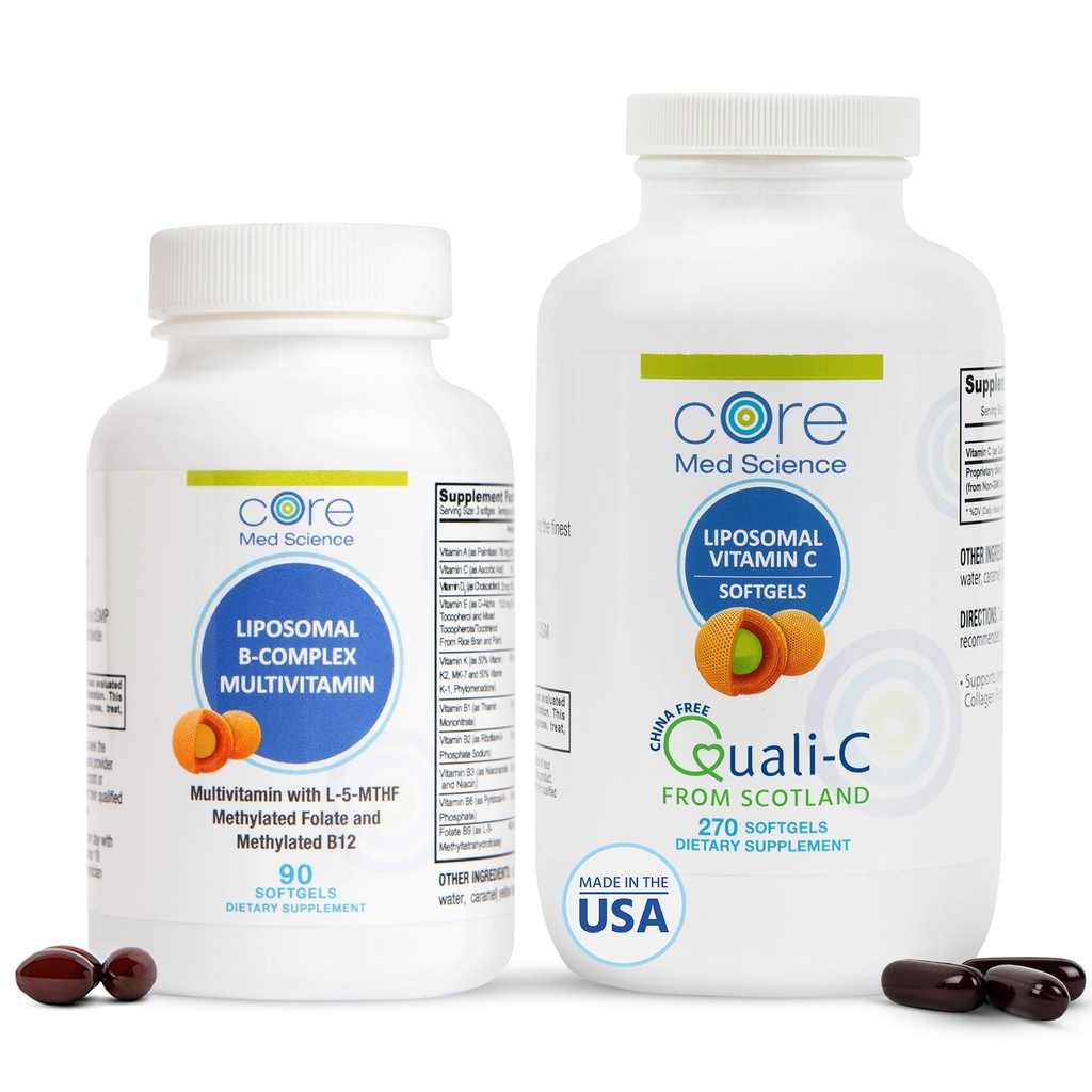 Core Med Science Liposomal Vitamin B- Complex & C-vitamin 1000mg Soft Gels Bundle til hjerte sundhed & immunsystem