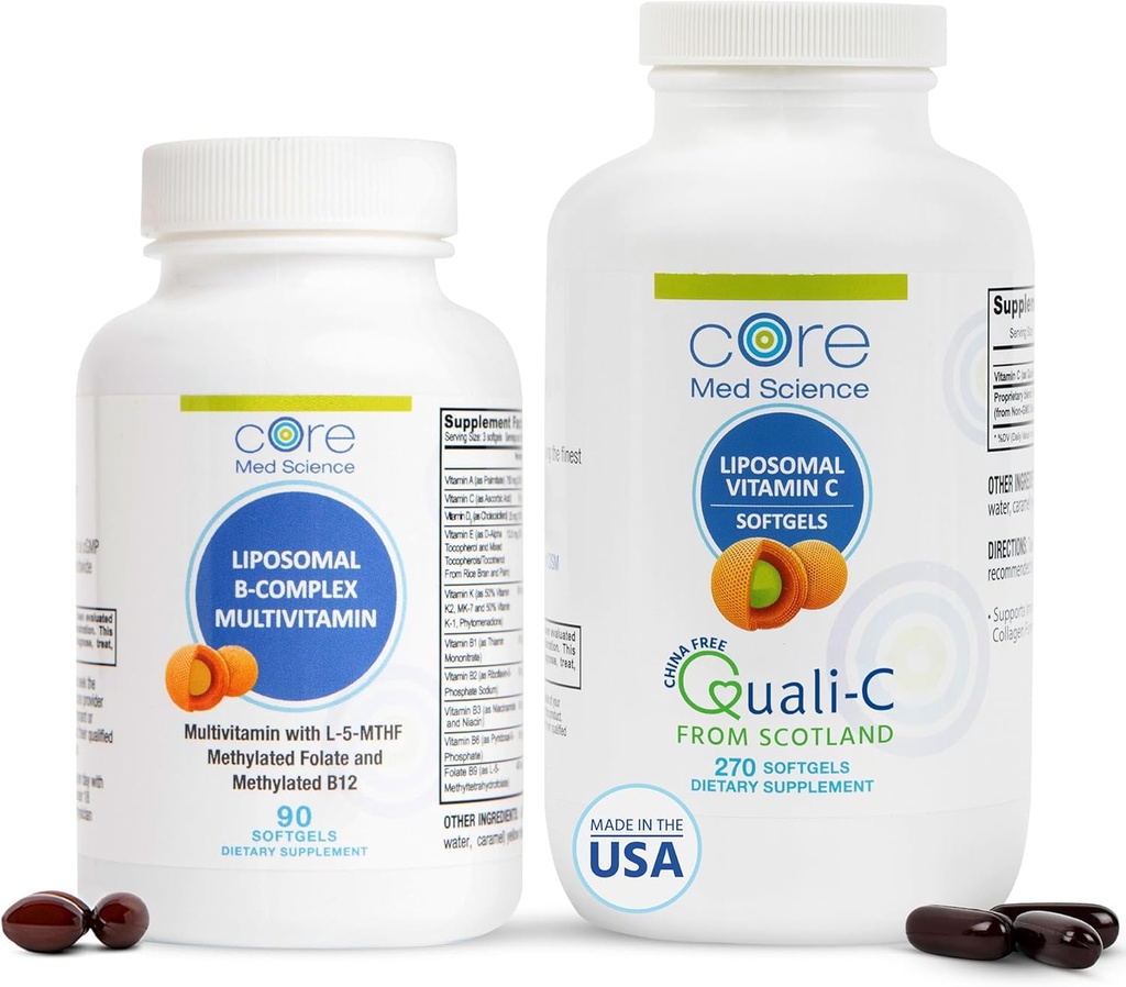 Core Med Science Liposomal Vitamin B- Complex & C-vitamin 1000mg Soft Gels Bundle til hjerte sundhed & immunsystem