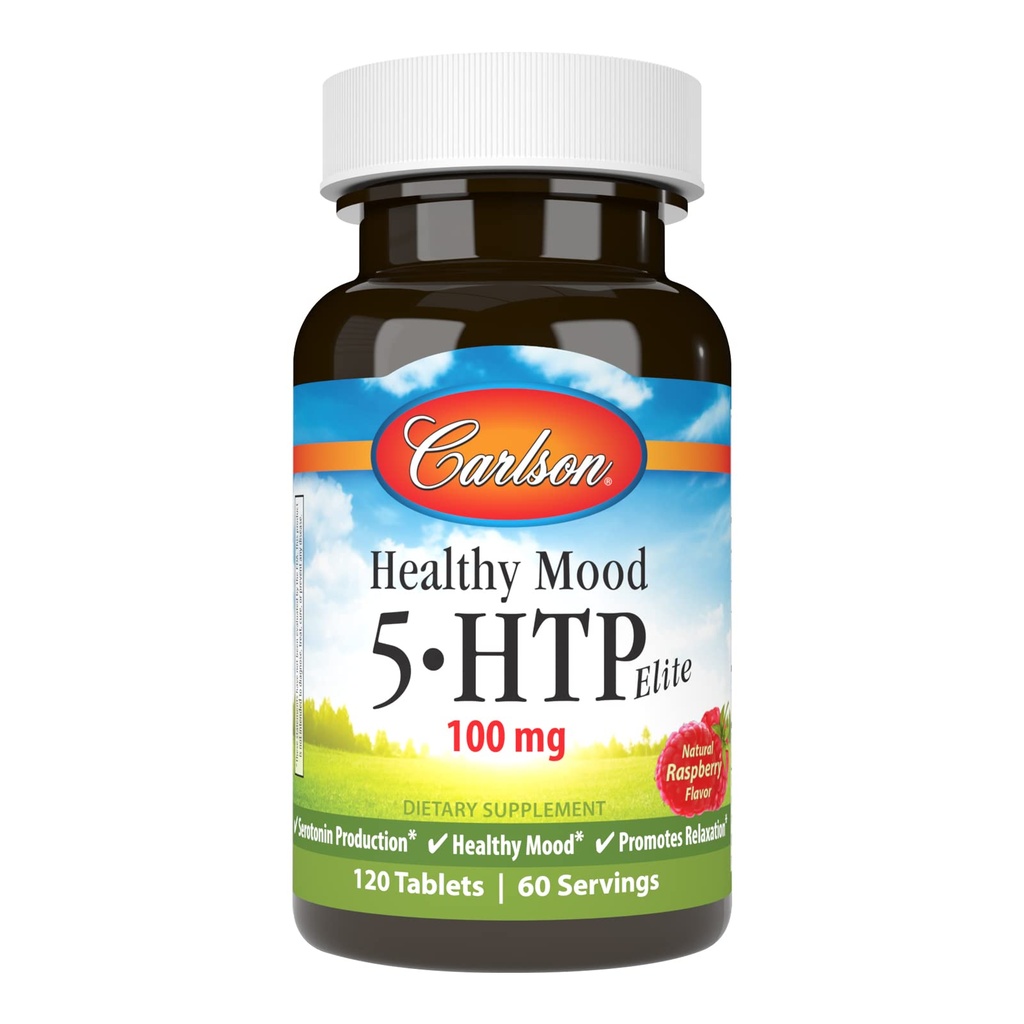 Carlson - Sund Mood 5- HTP Elite, 100 mg, Serotonin Produktion, Sund Mood & fremmer afslapning, Natural Raspberry Flavor, 120 tabletter