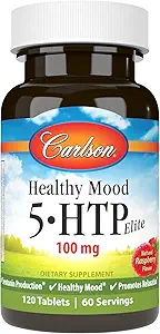 Carlson - Sund Mood 5- HTP Elite, 100 mg, Serotonin Produktion, Sund Mood & fremmer afslapning, Natural Raspberry Flavor, 120 tabletter