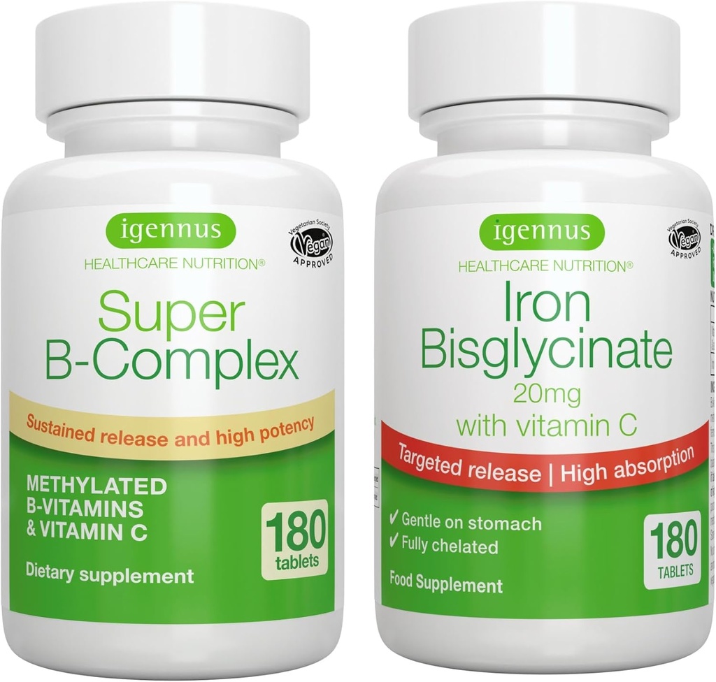 Super B- Complex & Høj Absorption Iron Bisglycinate 20mg med C-vitamin, Vegan Bundle, Metyleret Sustained Release B Complex & Gentle On- a- Day Jern med målrettet Release, ved Igennus