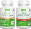 Super B- Complex & Høj Absorption Iron Bisglycinate 20mg med C-vitamin, Vegan Bundle, Metyleret Sustained Release B Complex & Gentle On- a- Day Jern med målrettet Release, ved Igennus