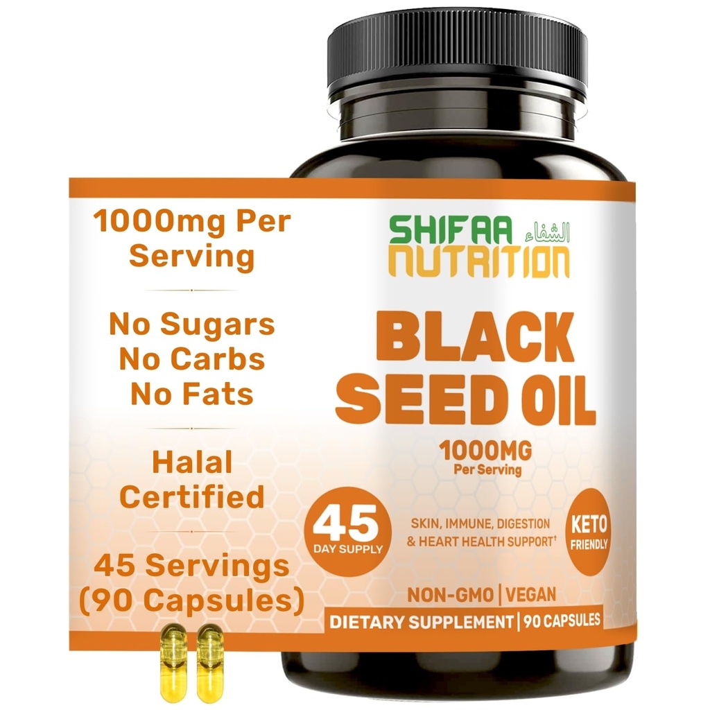 SHIFAA NUTRITION Halal Black Seed Oil against 124; 1000mg 45 Servering Measures 124; Nigella Sativa, Kalonji Measures 124; Understøtter hår, hud, joints, immunforsvar, hjerte, fordøjelse
