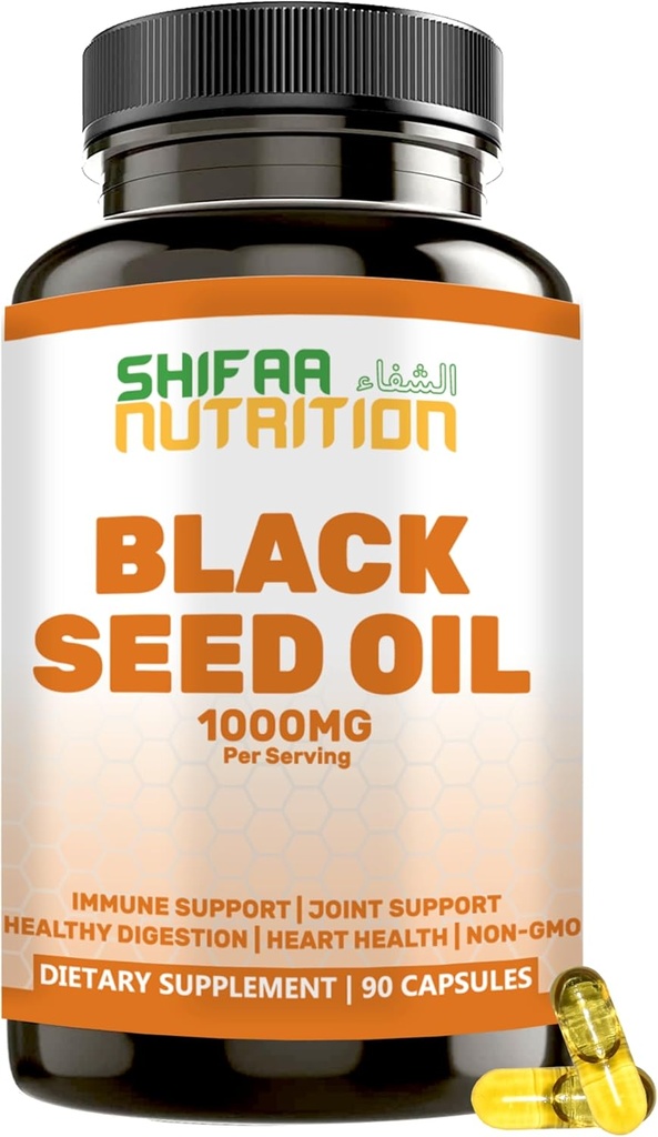 SHIFAA NUTRITION Halal Black Seed Oil against 124; 1000mg 45 Servering Measures 124; Nigella Sativa, Kalonji Measures 124; Understøtter hår, hud, joints, immunforsvar, hjerte, fordøjelse