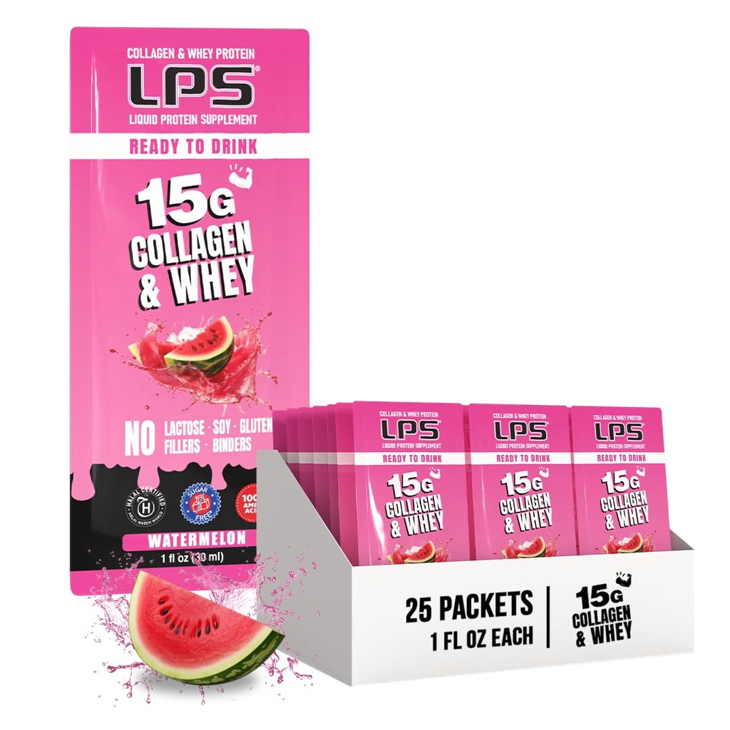 Ernæringsmæssige designs LPS flydende kollagen & whey protein supplement - ikke-GMO drik, sukkerfri - fremmer sund hud & hår til mænd & kvinder, Watermelon, Single Serve (25 Pakker)