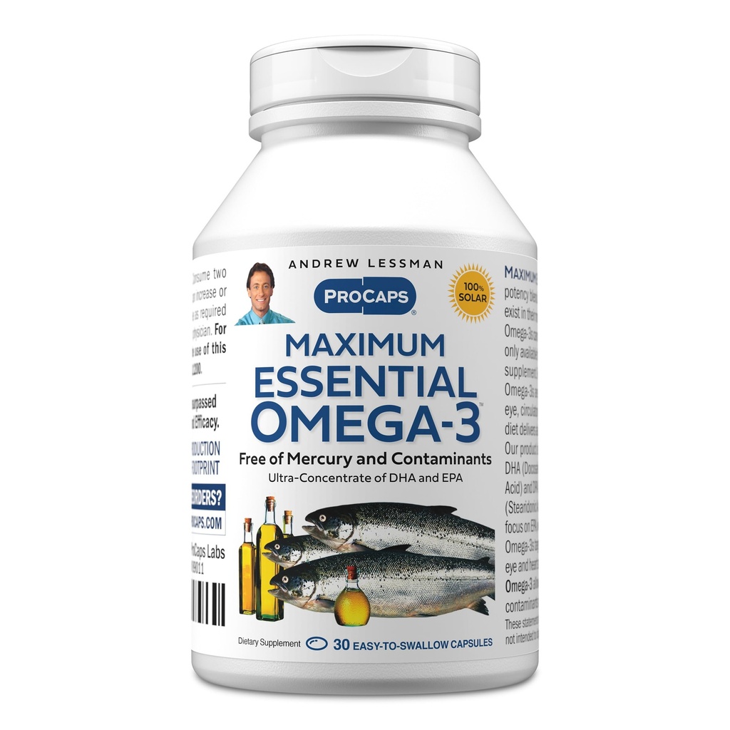 ANDREW LSSMAN Maximum Essential Omega-3 Unflavored, 30 Softgel - Ultra-Pure Omega-3 Fish Oil 1200 mg- High DHA, Ingen Mercury Supplement- Small, Let at synke Fish Oil Capsules
