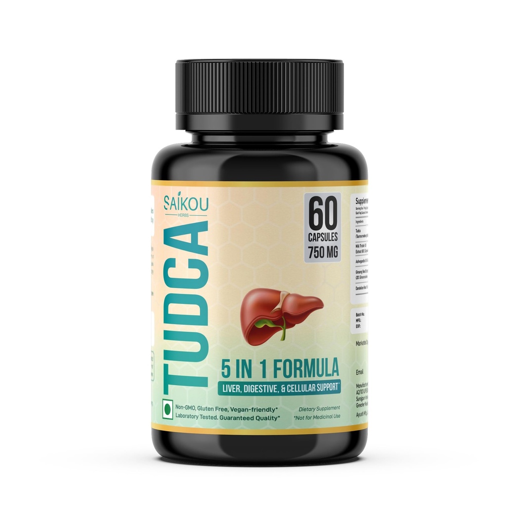 TUDCA (Tauroursodeoxycholsyre) 750mg - 5 i 1 med Milk Thistle, Ashwagandha, Mælkebøtte og Ginseng - 60 Servering