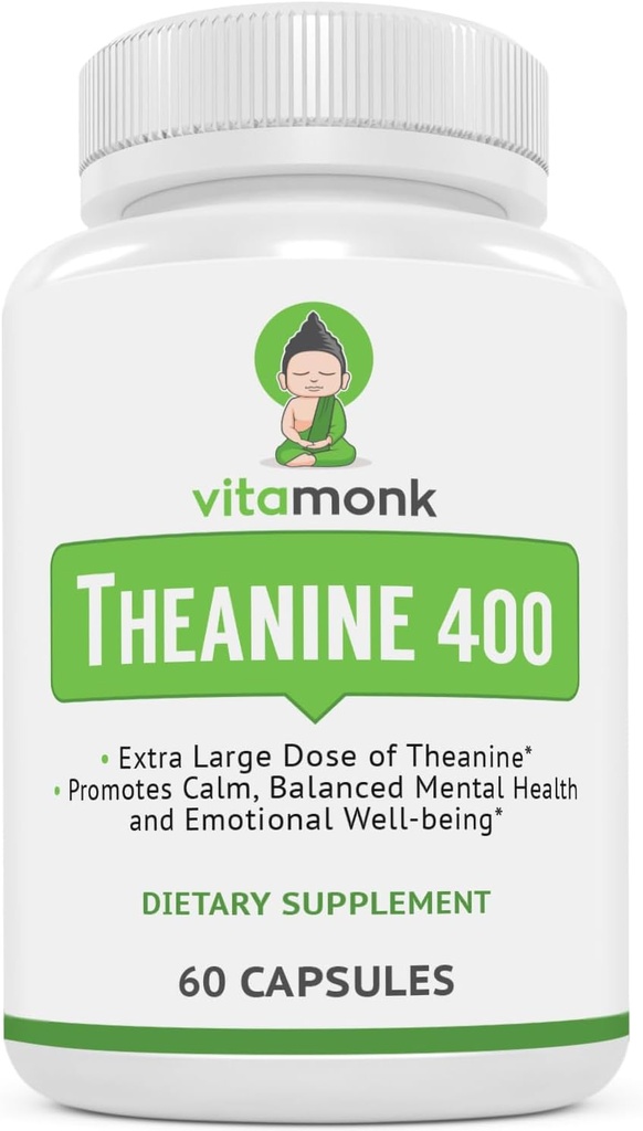 VitaMonk L Theanine 400mg Supplement - L- Theanine 400mg uden kunstige fyldstoffer - Ekstra styrke L Theanine Supplement - Ltheanin 60 kapsler
