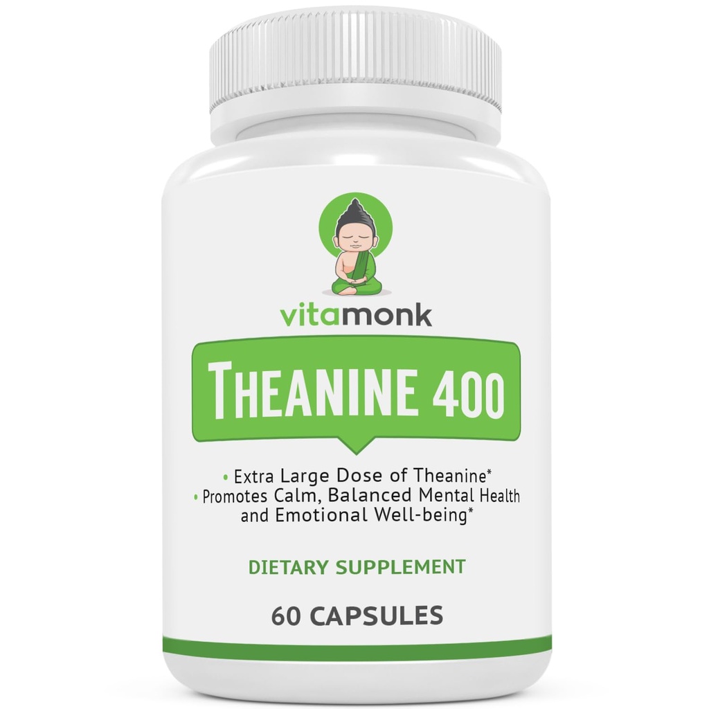 VitaMonk L Theanine 400mg Supplement - L- Theanine 400mg uden kunstige fyldstoffer - Ekstra styrke L Theanine Supplement - Ltheanin 60 kapsler