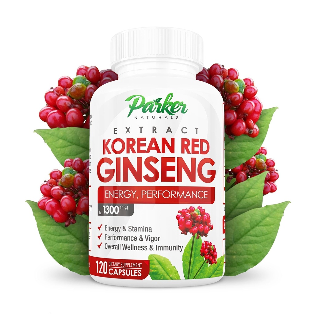 Parker Naturals Koreansk Rød Ginseng Extract, 1300mg Extract med Ginger Root and Black Pepper, 20% Ginsenosides Rød Panax Ginseng Supplement, 120 Caps