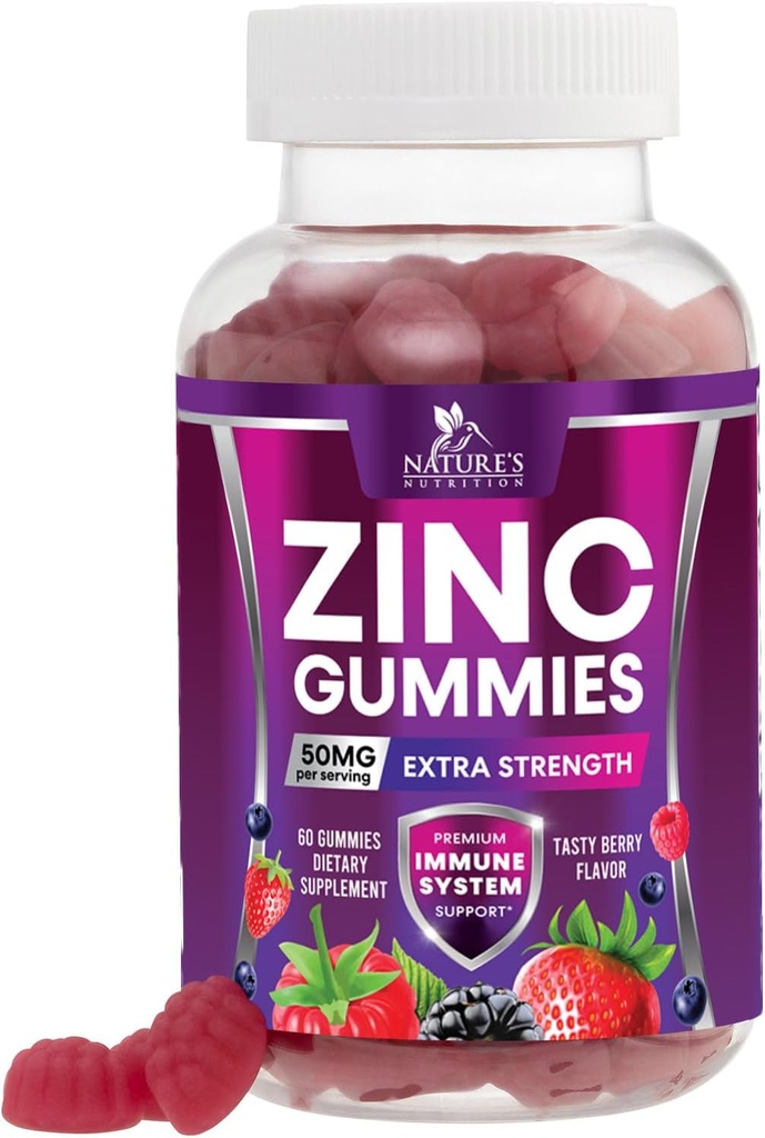 Zink Gummies 50mg - Bone Skin & immunsupport Health Gummy & Premium Antioxidant Chewable for adult - High Absorption Vegan, Gluten Free Zink Kosttilskud Vitamin - Tasty Berry Flavor - 60 Gummies