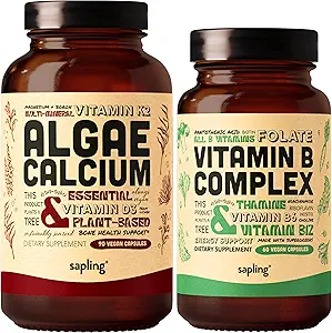 Alger Calcium & Vegan Vitamin B Complex Bundle - Calcium supplement fra røde alger, Essential B Vitamin med hel fødevareblanding, B1, B2, B3, B5, B6, B7, Folate