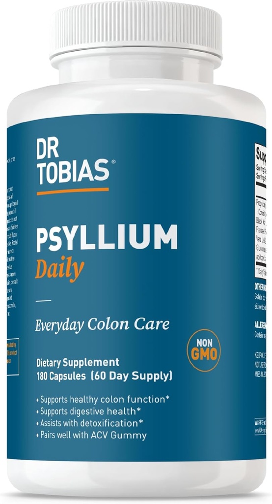 Dr. Tobias Psyllium Daily, understøtter sund afføring, Psyllium Husk kapsler med Bentonit Clay, Flaxseed & Natural Ingredients, Daily Fiber supplement i støtte af kolon sundhed, 180 kapsler