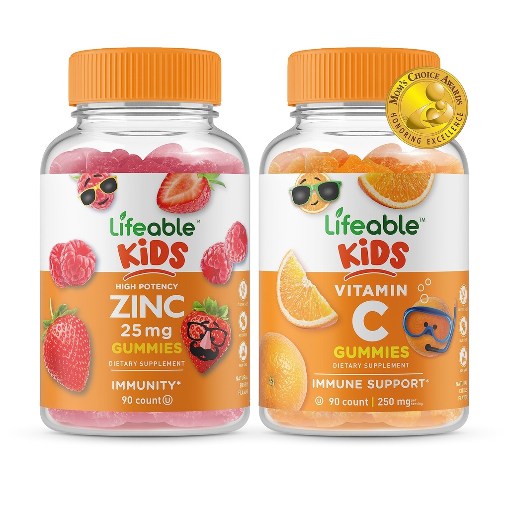 Lifeable Zink 25mg Kids + C-vitamin Kids, Gummies Bundle - Great Tasting, Vitamin Supplement, Gluten Free, GMO Free, Chewable Gummy