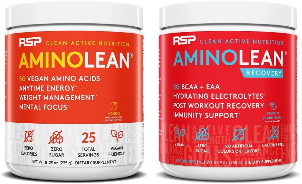 RSP NUTRITION Vegan AminoLean Pre Workout Energy (Mango 25 Servere) med AminoLean Inddrivelse Post Workout Boost (Tropical Island Punch 30 Servere)