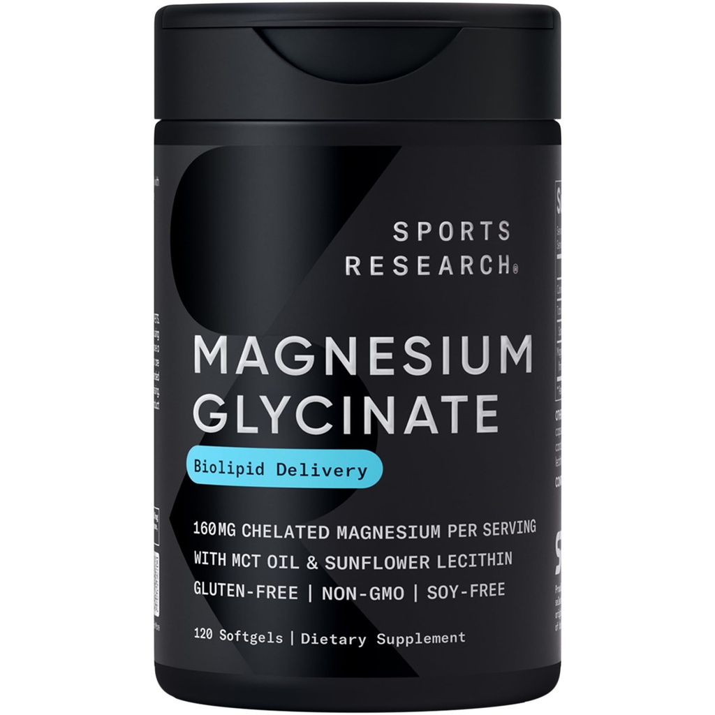 Sports Research® Magnesium Glycinate - Suports Restful Sleep & Enzymatic Processes - 160 mg Chelated Magnesium - Liquid Softgel - 120 Count