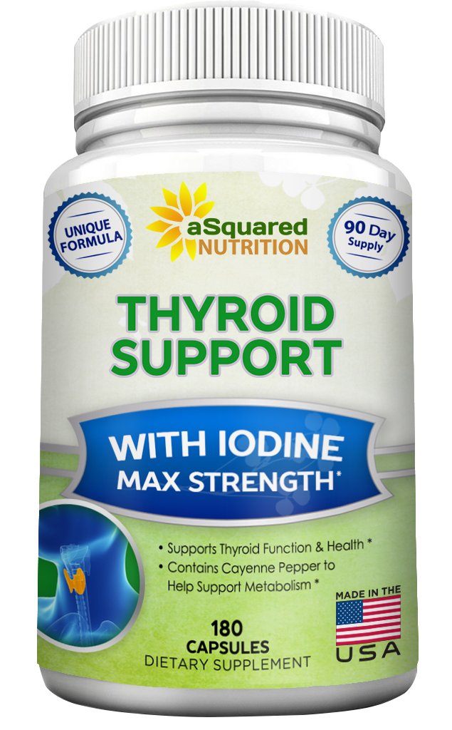 aSquared Nutrition Premium Thyroid Support Supplement med jod (180 kapsler) - Bedste Herbal & Vitamin Complex Pills w / B12, Ashwagandha, Bladerwrack & Kelp - Hjælper til sund hormon & energi