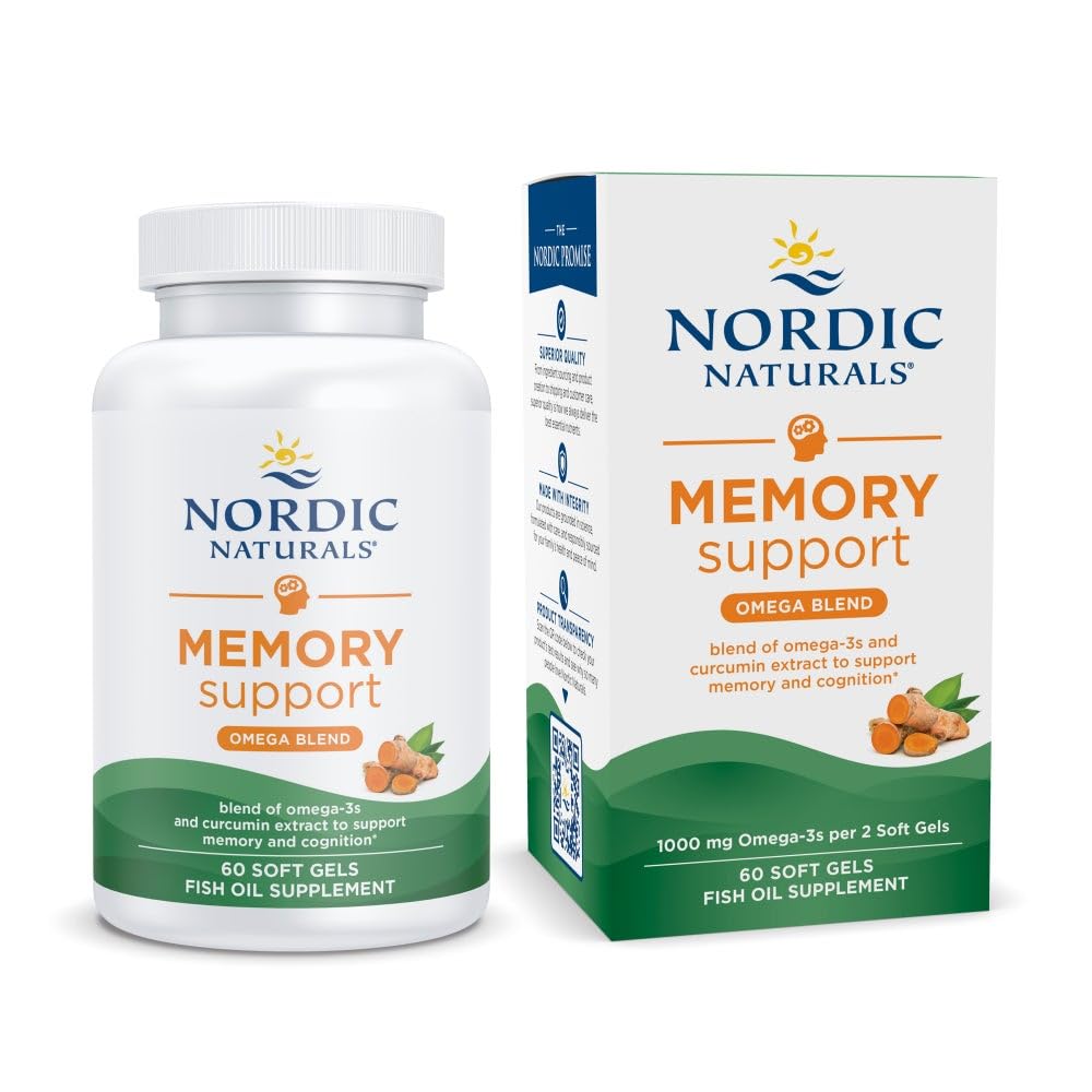 Nordiske Naturals Omega Memory med Curcumin, Lemon - 60 Soft Gels - 1000 mg Omega-3 + 400 mg Optimeret Curcumin - Memory, Cognition - Indeholder Phosphatidylcholin & Huperzine A - ikke-GMO - 30 Servering