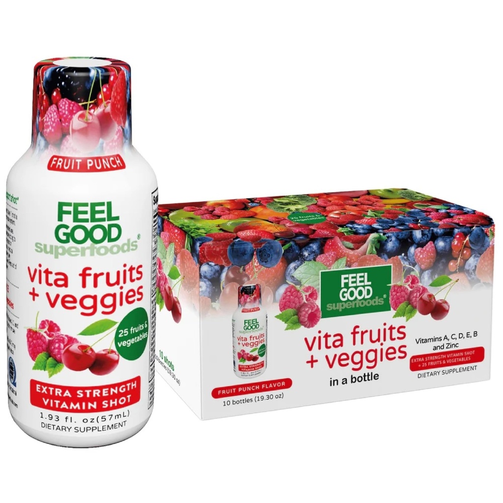 FeelGood Superfoods Vita Frugter og Veggies Immunitet Support Shot Kosttilskud, Frugt Punch Flavor, pakke med 10 Immunitetssko, Immunsystemet Booster drik lavet med 25 Økologiske Frugt & Grøntsager