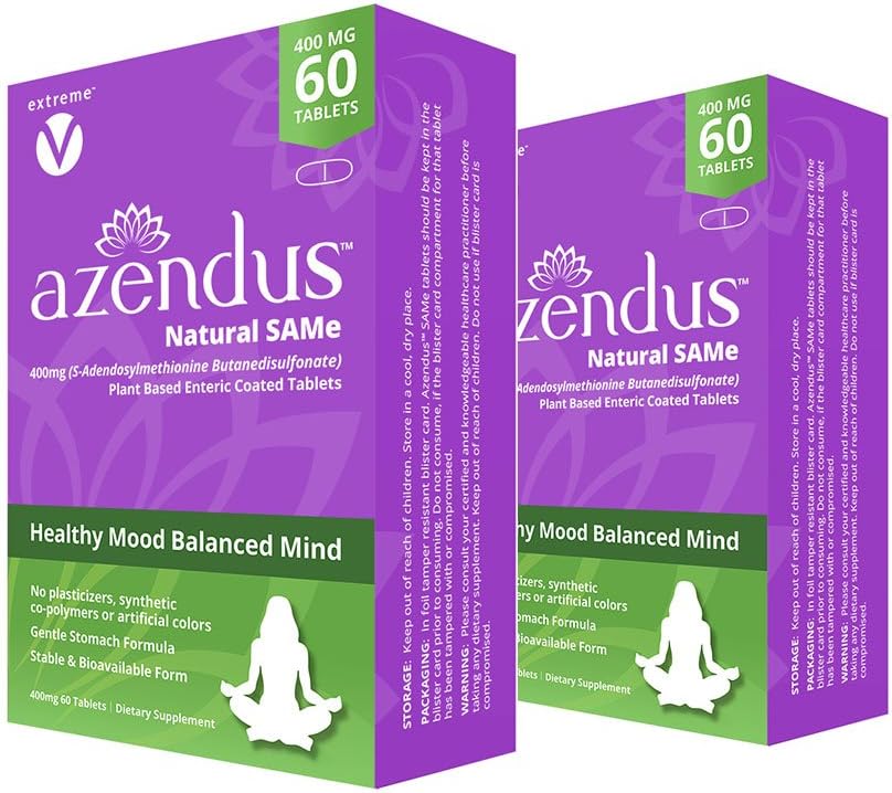 Azendus Mood 400mg 2- Æsker af S- Adenosylmethionin Butandisulfonat (SAM- e) 120 Enteroovertrukne tabletter - Vegan, Gluten Free, Soy Free