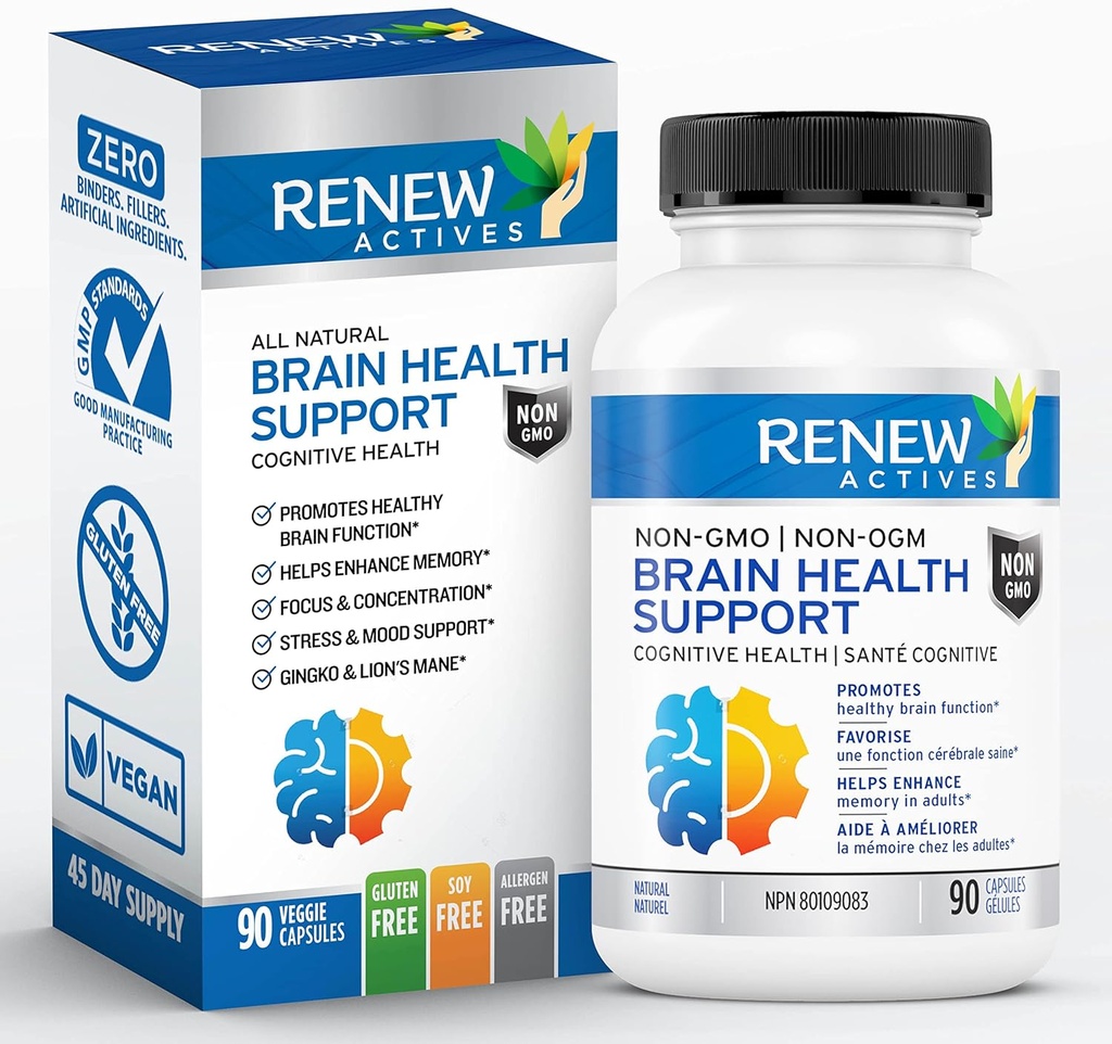 Renew Actives Brain Health Support - Bacopa 300MG, Ginkgo 100MG, Lions Mane 200MG per 2 kapsler - Understøtter kognitiv sundhed, forbedret hukommelse, fremmer fokus og mad - Made in Canada - 90 kapsler