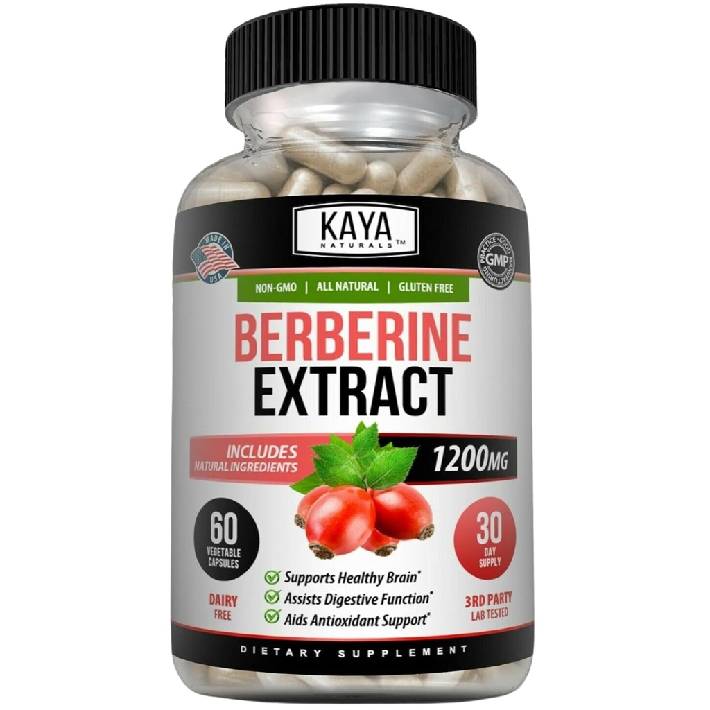 Kaya Naturals Berberine HCL Extract 1200mg - Immunsystemet - Gluconiveauer - Gut Health (Vegetarisk, ikke-GMO & Glutenfri) Berberine Supplement (60 greve (pakke med 1)