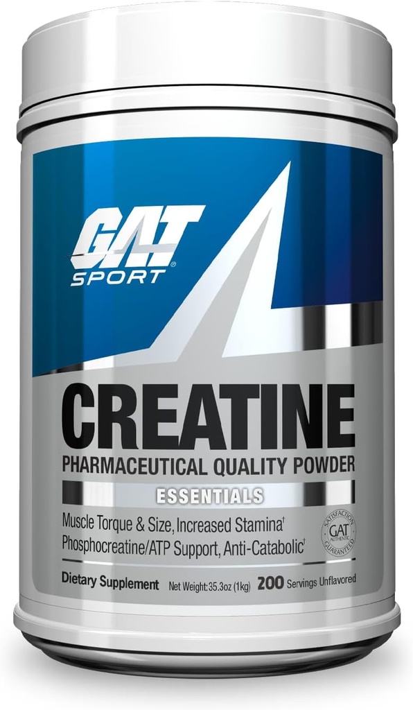 GAT SPORT Creatinine Monohydrat Powder 1000 Grams, Strength, GLP1 Support, Brain Health, Antioxidant, Endurance, for Mænd & Kvinder, 1 Kilo, Unflavored, 200 Serveringer