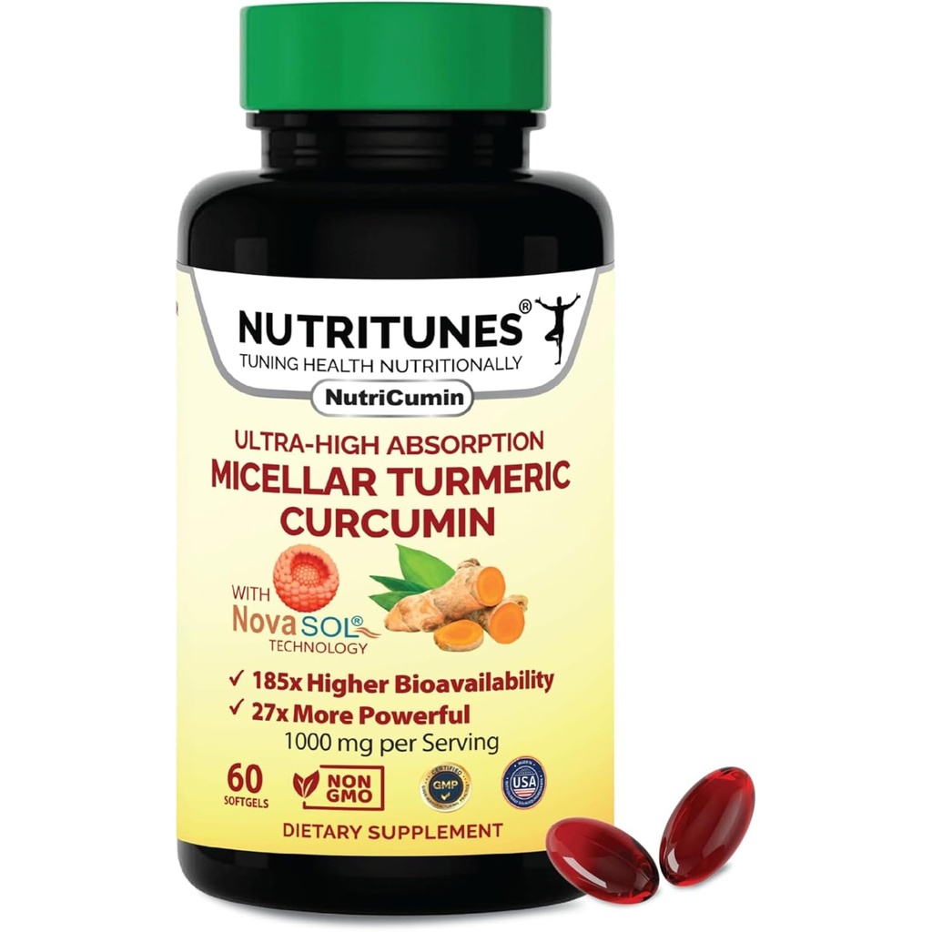 Gurkemeje Supplement 1000mg til fælles støtte- 185x Biotilgængelig & Høj Absorption med NovaSOL teknologi - 60 Nutricumin Softels