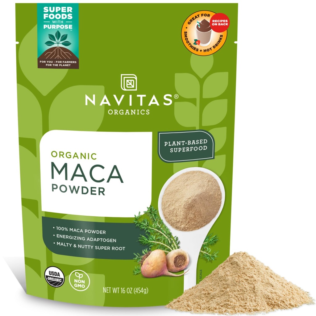 Navitas Organics Maca Powder - 100% Gelatinized Peruvian Maca for Smoothies, Lattes, Bagning & Mere - Energize & Balance - USDA Organic, Non GMO, Vegan, Gluten Free (16oz. pose, 180 Servering, 2-Pack)