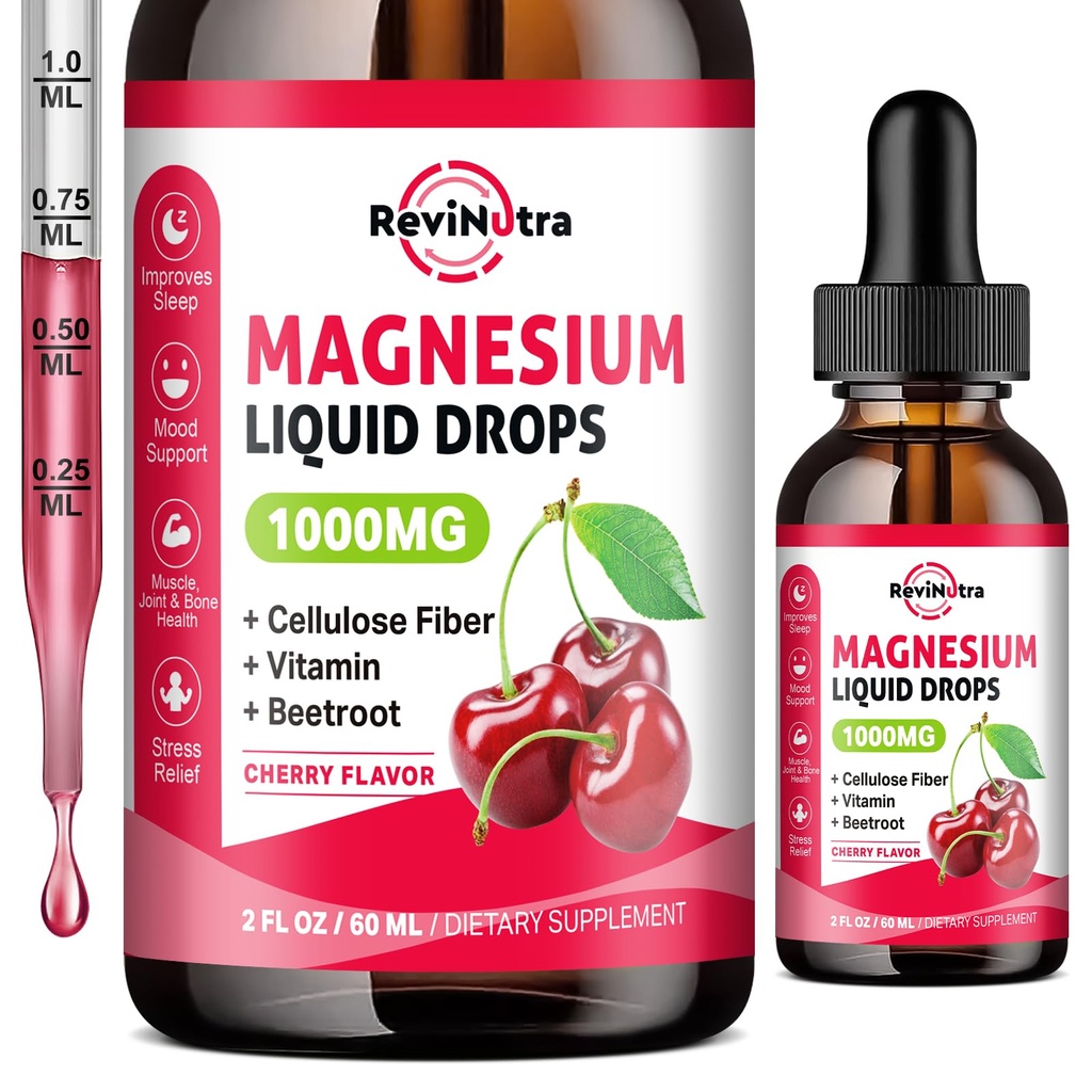 Magnesium Glycinate Liquid Drops, 1000mg Magnesium Glycinate, Citrate & Taurat med Fiber, Beetroot, Vitamin B & C til søvn, Calm, Muskel, Energi & Afslapning, 2 Fl Oz, Sukkerfri Cherry Flavor