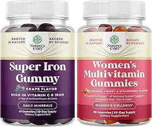 Bundle af ekstra styrke jern gummier for kvinder og mænd med C-vitamin for højere absorption, og lækker daglig multivitamin for voksne energi og immunitet - Vitaminer for kvinders sundhed og wellness