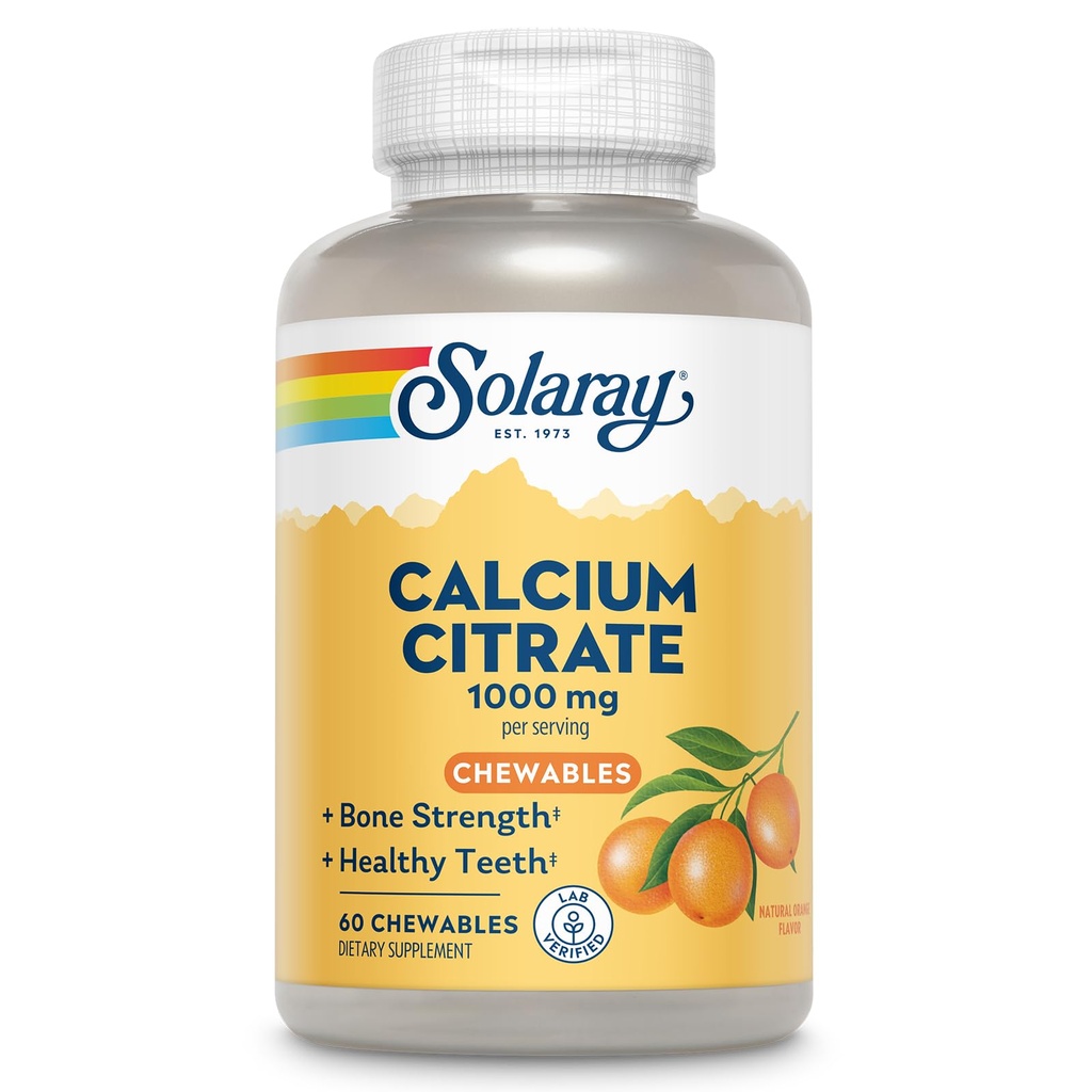 Solaray Calcium Citrate 1000 mg, Natural Orange Flavor Chelated Calcium supplement til ben Styrke, tænder, nerve, muskel, og hjerte funktion Support, 60- Day Garanti, 15 Servere, 60 tyggetænder