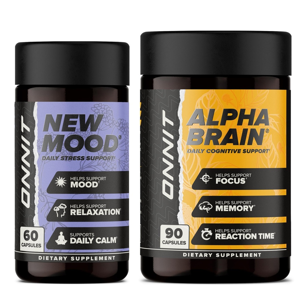 ONNIT Premium Alpha Brain Bundle - Nootrop Brain Supplement (90 Tæl) for fokus, koncentration og hukommelse + New Mood Supplement for stress Relief, søvn og mad (60 Tæl)