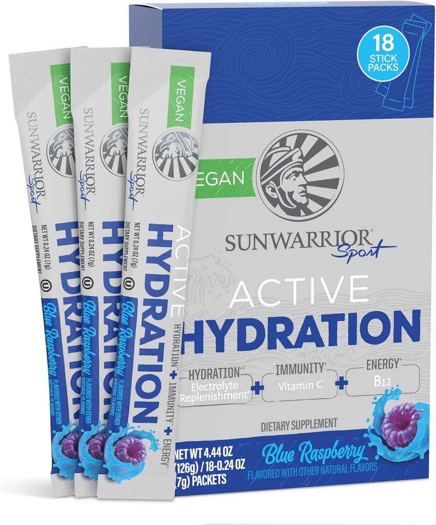 Sunwarrior Hydration Powder Electrolyte Packets Powder B12 Elderberry Name 124; Blue Raspberry Flavored 18 Stick Packs 126g Pouch Name 124; Vegan og Plantbaseret sukker fri