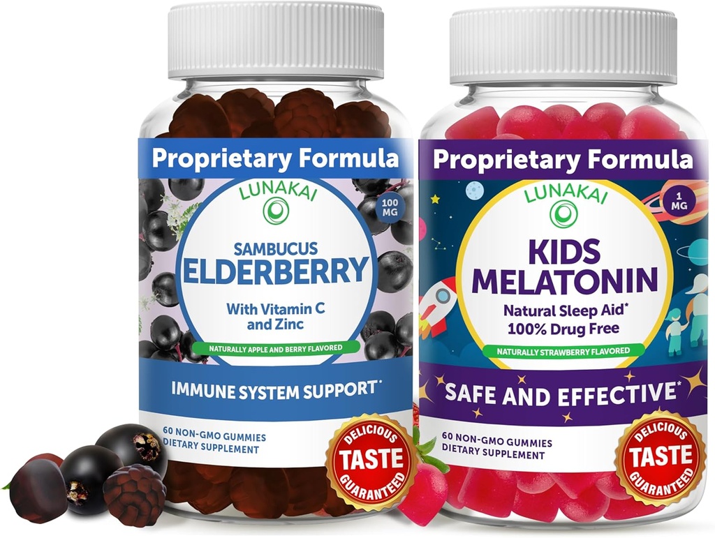 Lunakai Adult Elderberry and Kids Melatonin Gummies Bundle - Immunstøtte med zink og C-vitamin til voksne og børn - non-GMO, Vegan, Gluten Free Natural Sleep Gummy