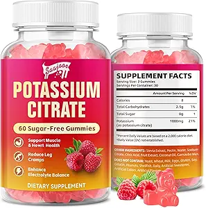 Kalium Citrate Gummies 1000mg, Kalium supplement til voksne kvinder & mænd, Support Leg Cramp & Muscle Health, 60 Tæl