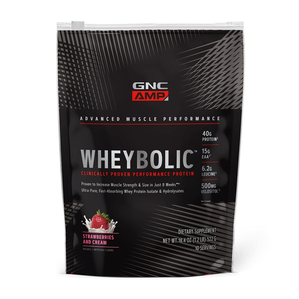 GNC AMP Wheybolsk Klinisk Proven Protein Powder, 40g Whey Protein, BCAA, Leucin, Øger muskelstyrke, Muscle Building, 3. part testet, Gluten Free, Jordbær og fløde, 10 Servere