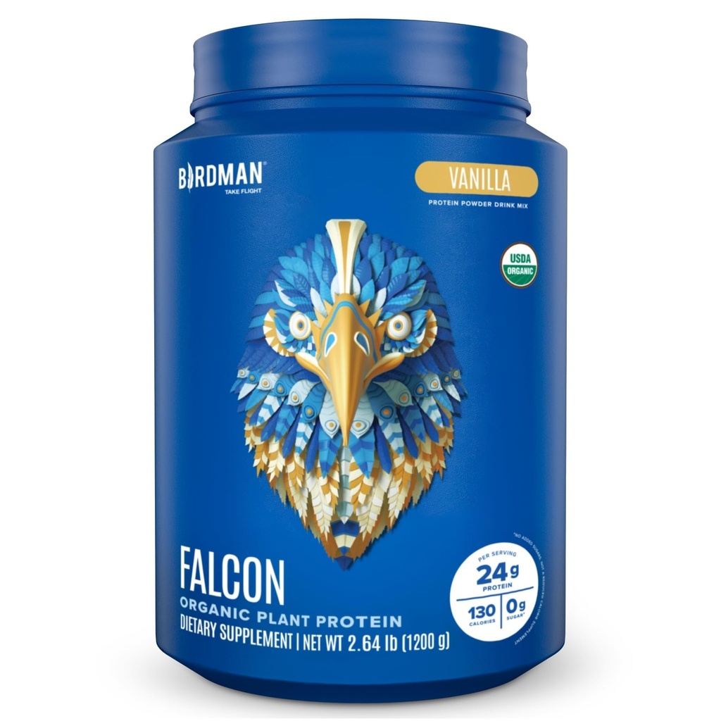 BIRDMAN Falcon Vegan Protein Powder Organic, Stevia & Sugar Free, Plant Based Protein, Low Carb, Dairy Free, Keto, Non Whey Protein, Probiotic, Pea Protein Medical 124; Vanilla Flavor - 37 Servere - 2.64lb