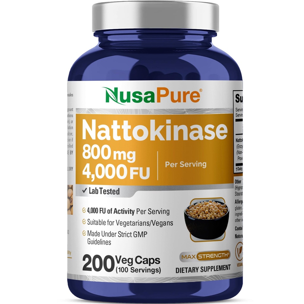 NusaPure Nattokinase 4000 FU 800mg, 200 Veggie Kapsler (Vegan, Non- GMO)