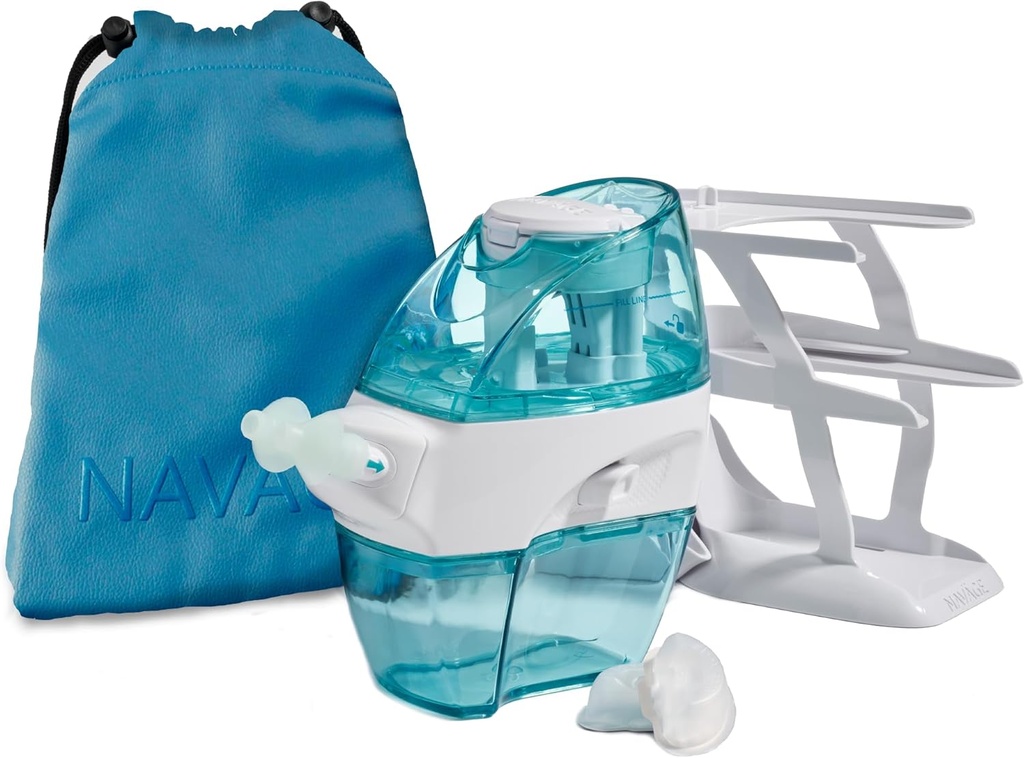 Navage Deluxe Bundle Nasal Vanding System - Saline Nasal Rinse Kit med 1 Næse Cleaner, 20 salt Pods, Sky Blue Travel Bag og 1 Countertop Caddy....