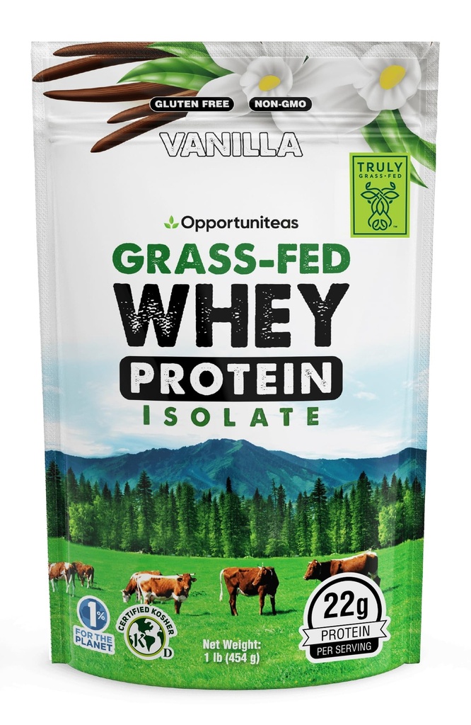 Opportuniteas Grass Fed Vanilla Whey Protein Isolate Powder - 22g Protein Powder uden kunstige sødestoffer, Hormon-Free Cows, Ikke GMO - 1lb